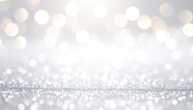Sparkling silver glitter surface with a bright, blurry bokeh light background
