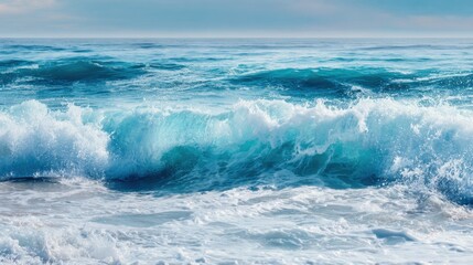 Obraz premium Powerfully crashing waves create a stunning scene along the shore, reflecting blue and turquoise hues under a clear sky on a sunny afternoon.