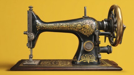 Fototapeta premium A beautifully crafted vintage sewing machine stands out against a vibrant yellow backdrop highlighting its artistic details.