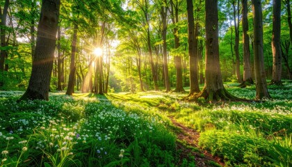 Obraz premium Sunbeams stream through a vibrant, green forest, illuminating a tranquil path