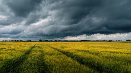 Dramatic storm clouds gather over a golden wheat field under a moody sky