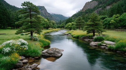Clear Stream Flows Through Lush Green Mountain Valley with Wildflowers and Pine Trees Under Overcast Sky