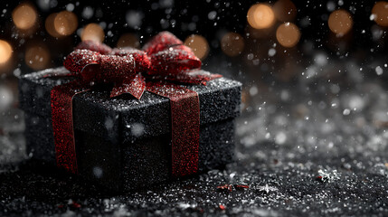 Black textured present box with metallic red bow glowing under soft studio light, surrounded by tiny snowflakes and sparkles, cinematic composition, isolated on white background
