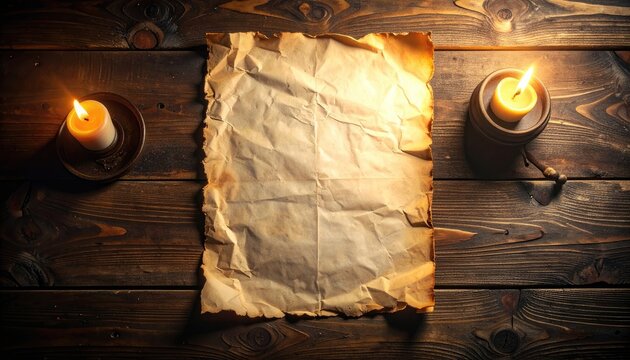 Blank aged parchment on a dark wood table, lit by the warm glow of two candles