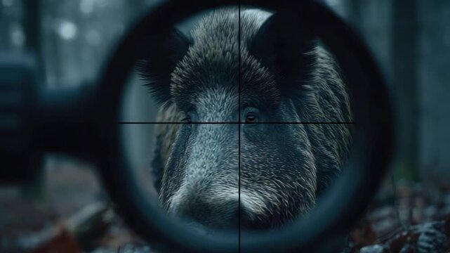 A wild boar is viewed through a scope with crosshairs centered on its face in a forest