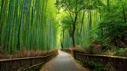 Obraz premium A peaceful path winds through tall bamboo stalks inviting exploration in a vibrant green oasis.