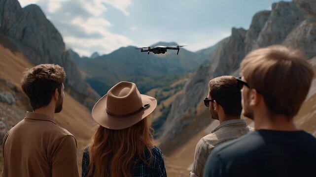 Drone in flight over mountainous terrain viewed by a group of people