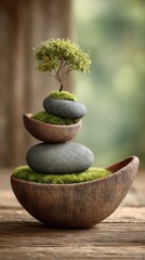 Zen arrangement with stacked stones and bonsai