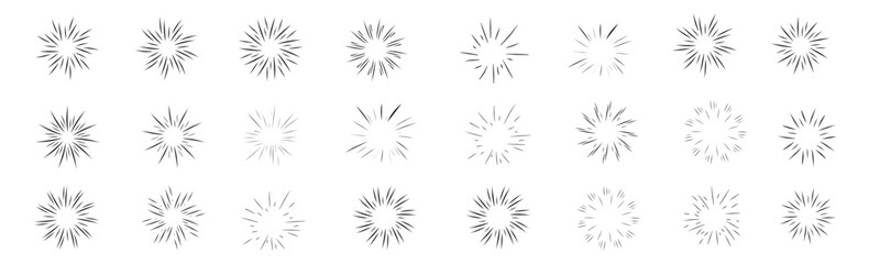 Vintage starburst. Sunburst shapes, bursting sun rays, sunshine. . Vector set