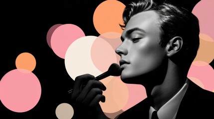 Elegant man applying makeup with brush and colorful lights