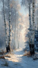 Winter forest path with birch trees and soft sunlight