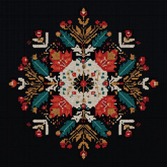 Obraz premium Christmas Cross stitch ethnic embroidery, festive, traditional, celebration pixel art style pattern design.