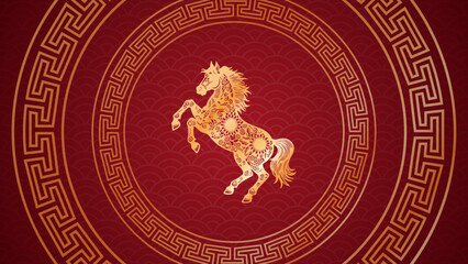2026 Chinese New Year background. Chinese new year celebrations feature a golden horse in a festive pattern. Ideal for holiday-themed designs, invitations, and seasonal promotions.