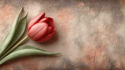 Red tulip on textured pastel background top view