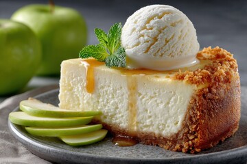 Caramel apple cheesecake with ice cream and mint garnish
