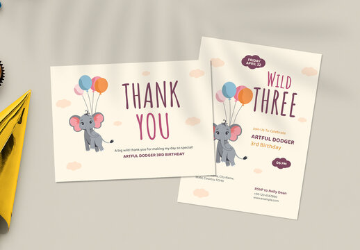 Playful Kids Birthday Party Invitation and Thank You Card Template with Safari Animal Illustration