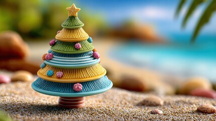 Colorful Christmas tree ornament sculpture on beach sand