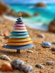 Colorful seashell Christmas tree sculpture by the ocean