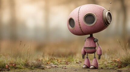 Cute pink robot standing on grass in soft morning light