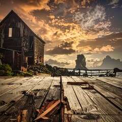Rustic Charm - Abandoned Barn on a Weathered Dock at Sunset.