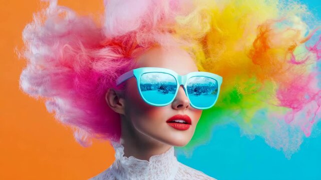 Vibrant, high-contrast portrayal of woman with expansive, multi-hued cloud coiffure and striking aqua sun-shields