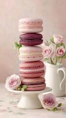 Pink and purple macarons with roses on cake stand