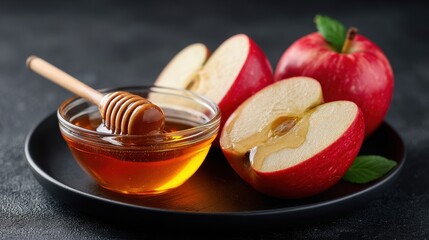 Fresh red apples and honey in a bowl with a dipper on a plate