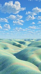Surreal rolling pastel hills beneath bright blue sky