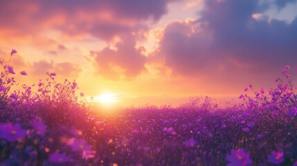 Fototapeta premium Beautiful sunset over a field of purple flowers with dramatic clouds