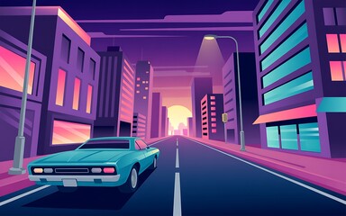 Retro synthwave cityscape with classic car driving down street