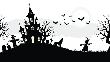 Halloween Night Spooky Castle, Bats, Witch, and Wolf Silhouette