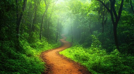 Obraz premium A winding dirt path through a lush green forest with sunbeams