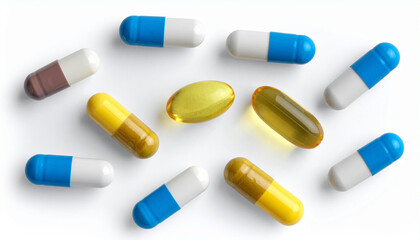 Pills and Capsules Isolated on White Background, Top View with Clipping Path