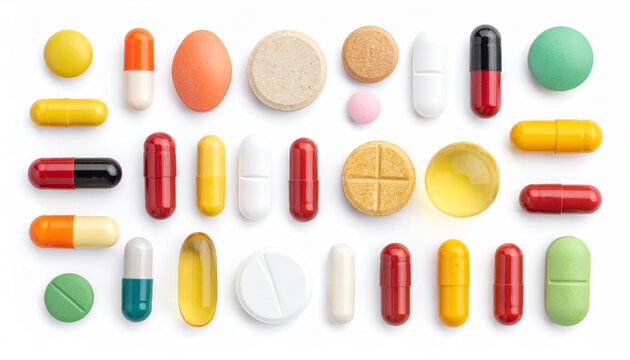 Pills and Capsules Isolated on White Background, Top View with Clipping Path