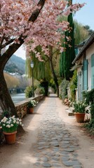 Fototapeta premium Charming cobblestone pathway lined with blooming pink cherry blossom trees and potted white flowers beside a tranquil river in a European village on a bright spring day