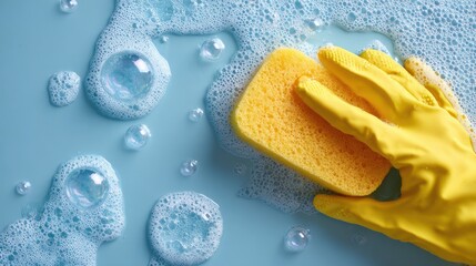 Hand in yellow glove holding sponge with soap bubbles