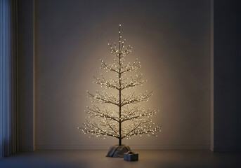 Natural Christmas tree with warm lights in a modern minimalist living room, a cozy and peaceful atmosphere on Christmas Eve with simple decorations.