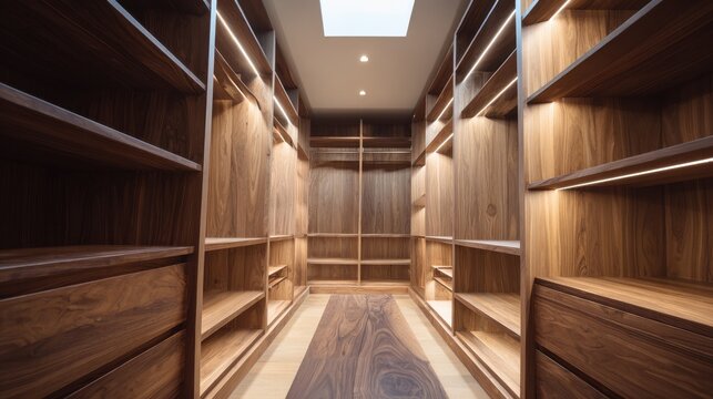 Luxurious walkin closet with custom wood shelving and drawers