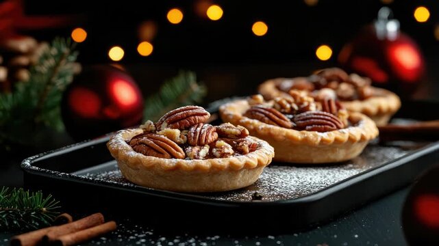 Mini pecan pies served on a festive tray dusted with powdered sugar and cinnamon, decorated with sparkling red ornaments and glowing bokeh lights, elegant Christmas bakery display with copy space