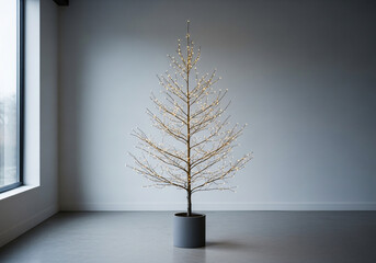 Natural Christmas tree with warm lights in a modern minimalist living room, a cozy and peaceful atmosphere on Christmas Eve with simple decorations.