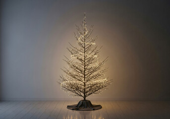 Natural Christmas tree with warm lights in a modern minimalist living room, a cozy and peaceful atmosphere on Christmas Eve with simple decorations.