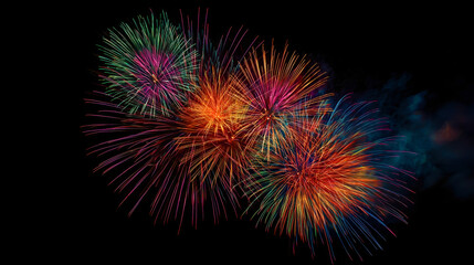 Fototapeta premium Colorful fireworks burst in the night sky. Various shapes and colors create a vibrant display. The background is dark, enhancing the brightness of the fireworks.