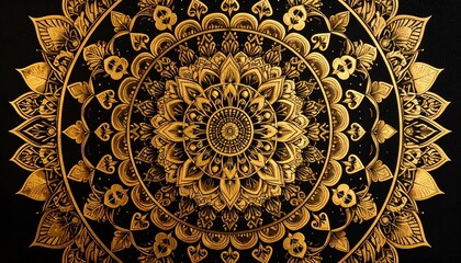 Golden mandala with floral and geometric symmetry on black background.