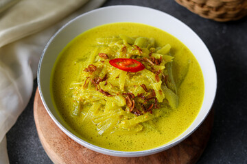Close-up of Sayur Labu Siam, an Indonesian vegetable curry featuring tender chayote slices simmered in a rich, flavorful coconut milk sauce. Served on a white plate and captured with natural light.