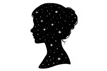 Woman head silhouette featuring stars from the night sky, representing cosmic thoughts and inner universe, transparent background