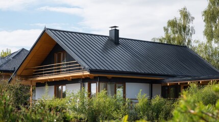 Obraz premium Modern wooden house with dark metal roof surrounded by greenery