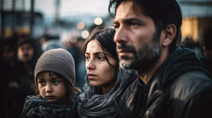Refugee family looking anxious and uncertain at border. Refugee crisis concept