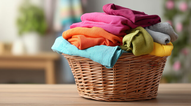 Laundry Basket full of clothes. The clothes are of different colors and sizes, and they are all mixed together. The basket is overflowing with clothes