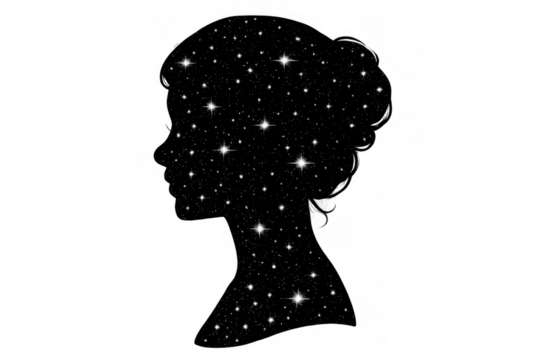 Woman head silhouette featuring stars from the night sky, representing cosmic thoughts and inner universe, transparent background