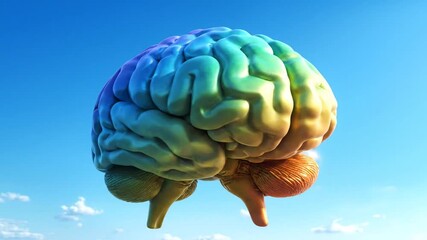 A vibrant, multi-colored human brain floating serenely in a bright blue sky with clouds. - Powered by Adobe